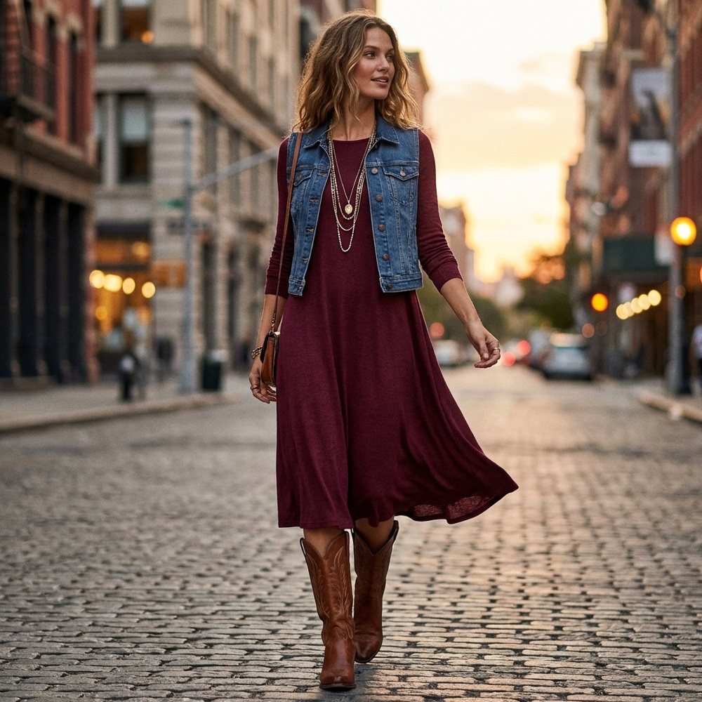 Old Navy | Rich Burgundy Red Long Sleeve Crew Neck Midi Dress Size Medium Tall - Picture 4 of 11